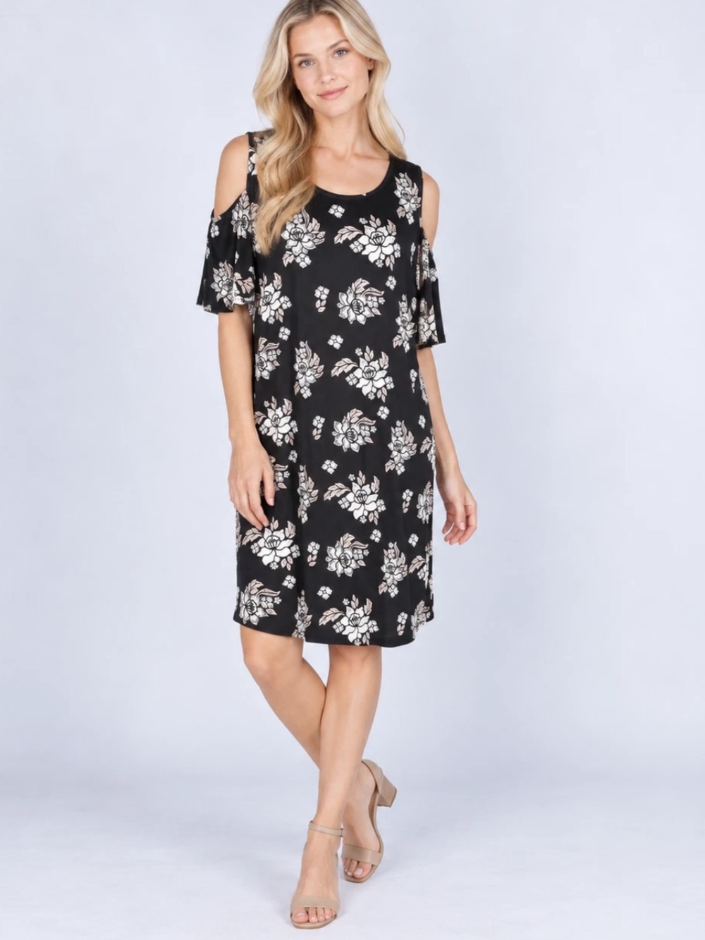 Chicos Black Floral Dress Cold shoulder Sleeves Shift Cottage Chic Size 3 = XL